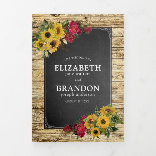 Rustieke Zonnebloem & Rozen bruiloft Drieluik Uitnodiging (Cover)
