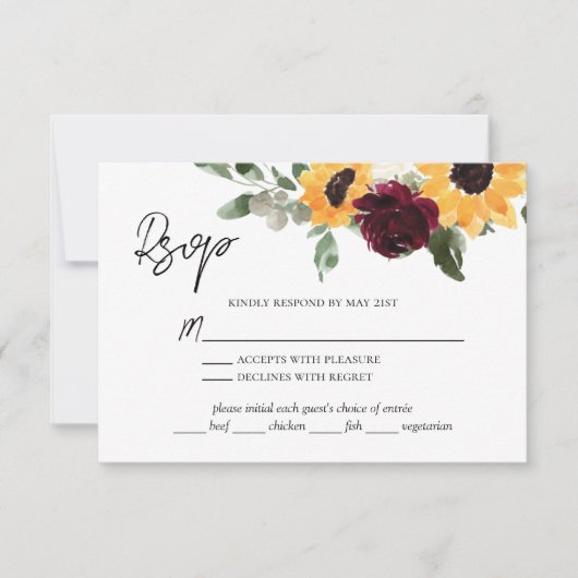 Rustieke zonnebloem Rozen bruiloft met maaltijdkeu RSVP Kaartje (Voorkant)