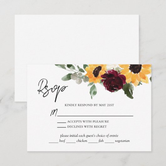 Rustieke zonnebloem Rozen bruiloft met maaltijdkeu RSVP Kaartje (Voorkant / Achterkant)