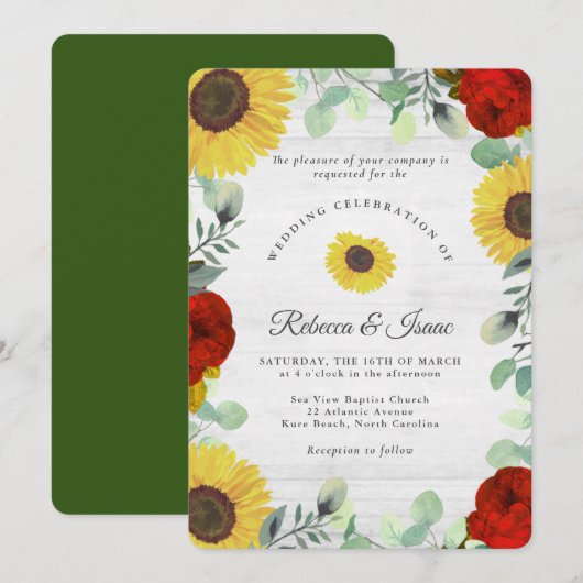 Rustieke zonnebloem Rozen groen bruiloft uitnodigi Kaart (Voorkant / Achterkant)