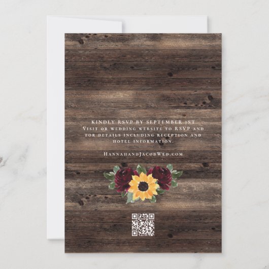 Rustieke Zonnebloem Rozen QR Code RSVP Huwelijk Kaart (Achterkant)