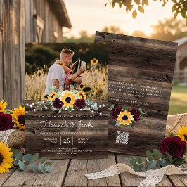 Rustieke Zonnebloem Rozen QR Code RSVP Huwelijk Kaart