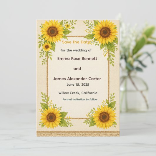 Rustieke Zonnebloem Save the Date Kaart (Staand voorkant)