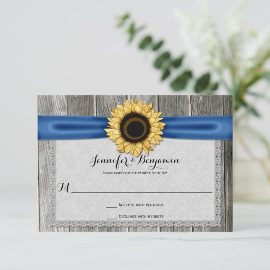 Rustieke Zonnebloem Schuur Hout Blauw Lint RSVP (Staand voorkant)