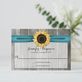 Rustieke Zonnebloem Schuur Hout Blauwgroen Lint RS RSVP Kaartje (Staand voorkant)