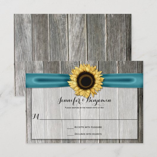 Rustieke Zonnebloem Schuur Hout Blauwgroen Lint RS RSVP Kaartje (Voorkant / Achterkant)