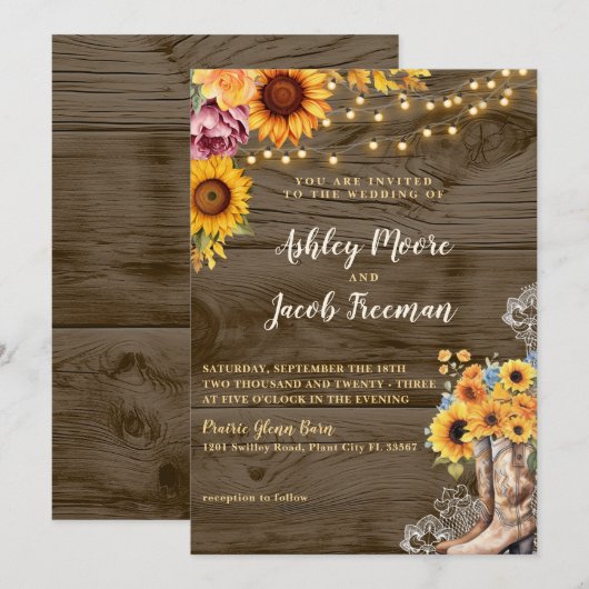 Rustieke Zonnebloem Schuur Hout Huwelijksuitnodigi Kaart (Voorkant / Achterkant)