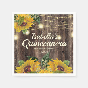 Rustieke zonnebloem slingerlichten hout Quinceañer Servet