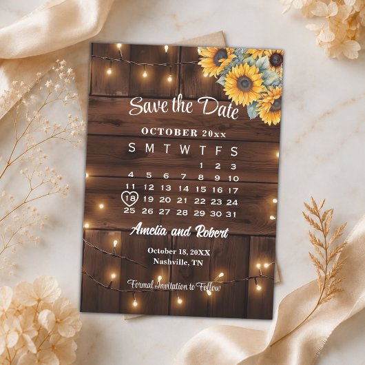 Rustieke zonnebloem slingerlichten trouwkalender save the date