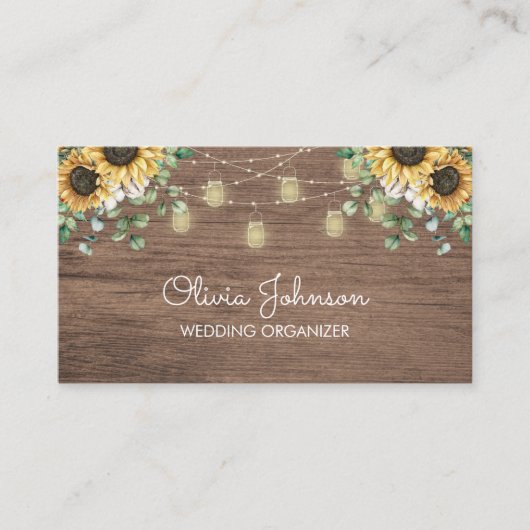 Rustieke Zonnebloem String Licht Houten Visitekaartje (Voorkant)