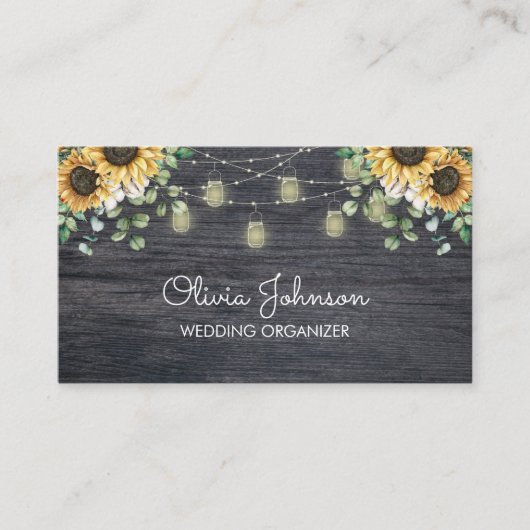 Rustieke Zonnebloem String Licht Houten Visitekaartje (Voorkant)