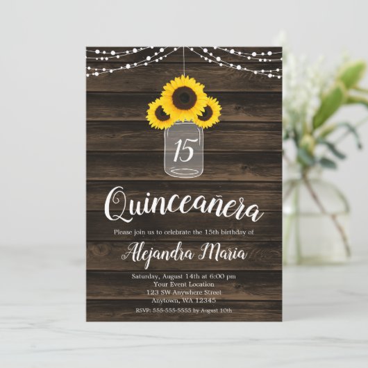 Rustieke Zonnebloem String Lichten Quinceanera Uit Kaart (Staand voorkant)