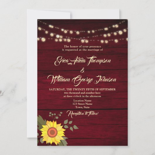 Rustieke Zonnebloem String Lights Bourgondische br Kaart (Voorkant)