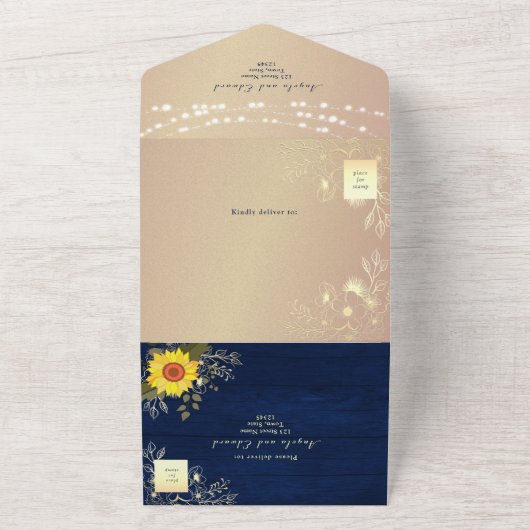 Rustieke Zonnebloem String Lights Huwelijksuitnodi All In One Uitnodiging (Buitenkant)