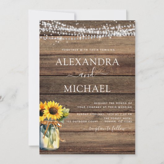 Rustieke Zonnebloem String Lights Jar Bruiloft Kaart (Voorkant)