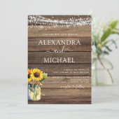 Rustieke Zonnebloem String Lights Jar Bruiloft Kaart (Staand voorkant)