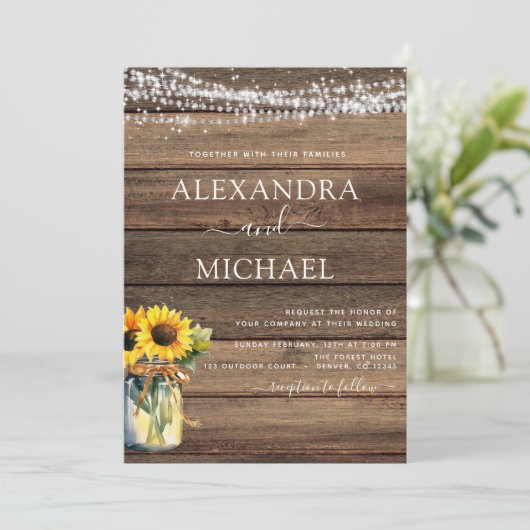 Rustieke Zonnebloem String Lights Jar Bruiloft Kaart (Staand voorkant)