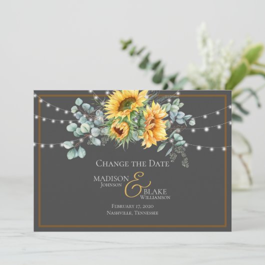 Rustieke Zonnebloem String Lights Verander de Datu Save The Date (Staand voorkant)