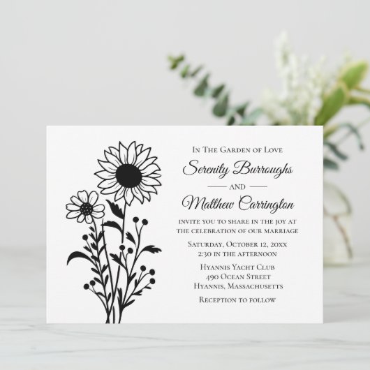 Rustieke Zonnebloem Trouwbloem Bloemen Zwart Wit Kaart (Staand voorkant)