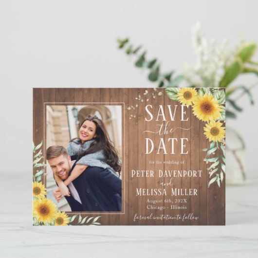 Rustieke Zonnebloem Trouwfoto Save the Date Aankondiging (Staand voorkant)