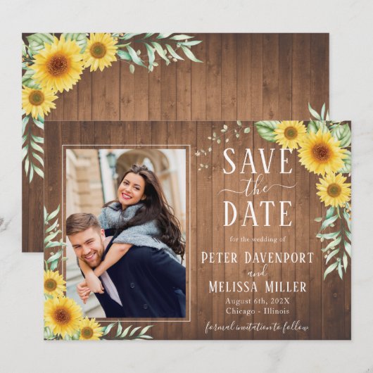 Rustieke Zonnebloem Trouwfoto Save the Date Aankondiging (Voorkant / Achterkant)