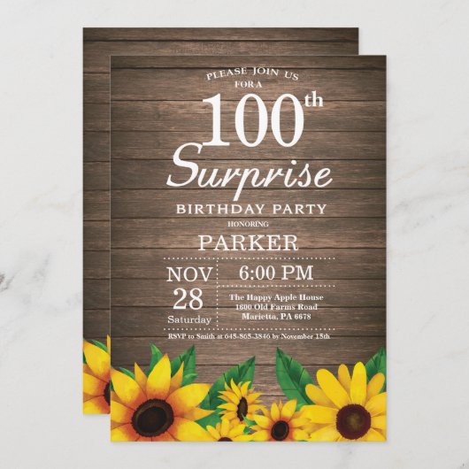 Rustieke Zonnebloem Verrassing 100e Verjaardag Kaart (Voorkant / Achterkant)