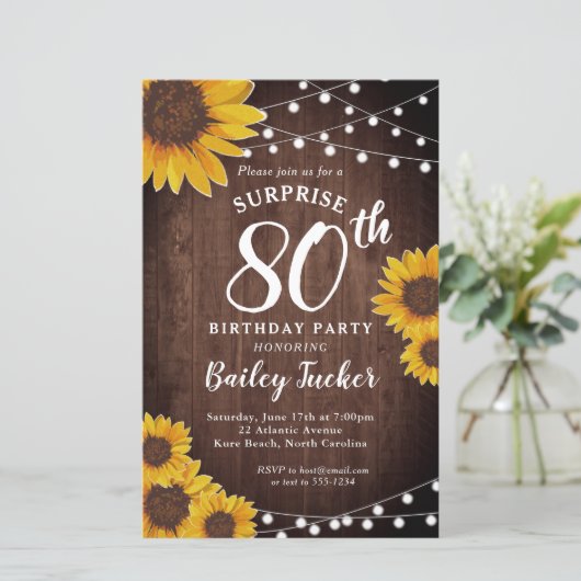 Rustieke Zonnebloem Verrassing 80e Verjaardag Uitn (Staand voorkant)