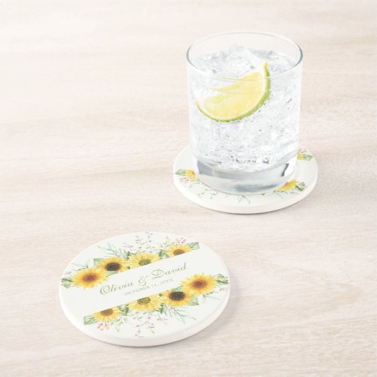 Rustieke Zonnebloem Verrukking Bruiloft Zandsteen Onderzetter (Zijkant)