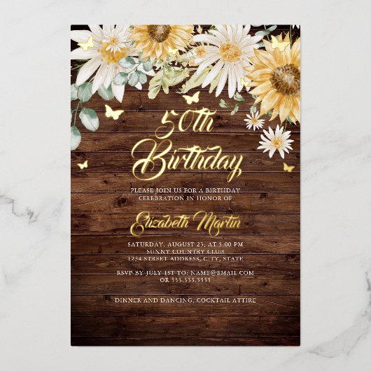 Rustieke Zonnebloem Vlinder 50e Verjaardagsfeest Folie Uitnodiging (Voorkant)