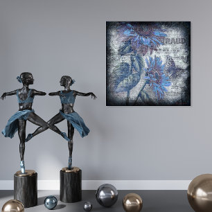 Rustieke zonnebloem vlinder Blauw Ephemera Grunge Poster