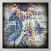 Rustieke Zonnebloem Vlinder Ephemere Grunge Poster (Voorkant)