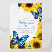 Rustieke zonnebloem vlinder kobalt blauw geel folie uitnodiging (Voorkant)