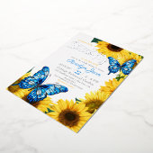 Rustieke zonnebloem vlinder kobalt blauw geel folie uitnodiging (Gedraaid)
