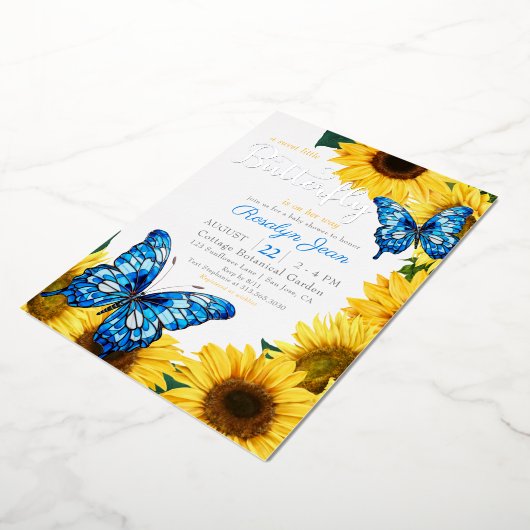 Rustieke zonnebloem vlinder kobalt blauw geel folie uitnodiging (Gedraaid)