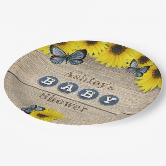 Rustieke zonnebloem vlinders Baby shower Papieren Bordje (Gekanteld)
