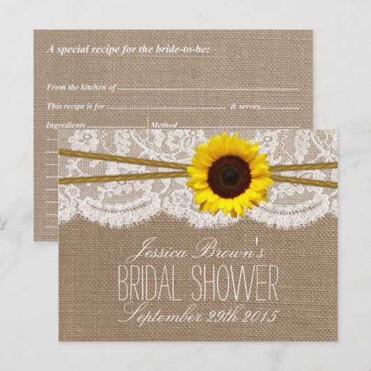 Rustieke Zonnebloem Vrijgezellenfeest Recept Kaart (Voorkant / Achterkant)