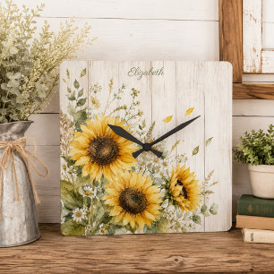 Rustieke Zonnebloem Waterverf Bloemschikking Boerd Vierkante Klok