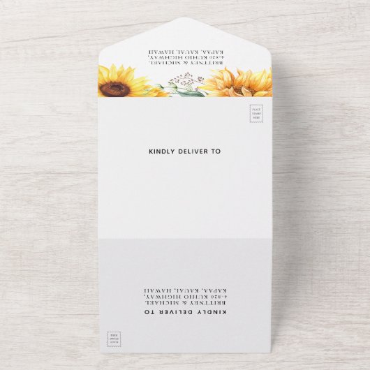 Rustieke Zonnebloem Waterverf Bruiloft All In One Uitnodiging (Buitenkant)