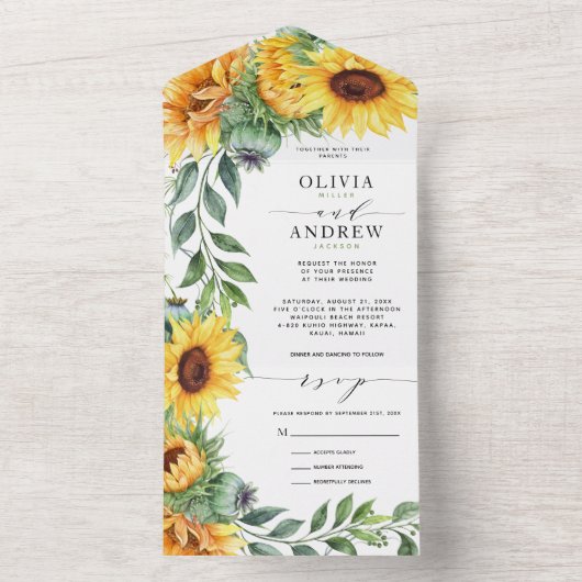 Rustieke Zonnebloem Waterverf Bruiloft All In One Uitnodiging (Binnen)
