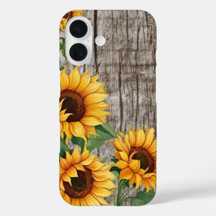 Rustieke Zonnebloem & Weathered Grijs Barnboard iPhone 16 Hoesje