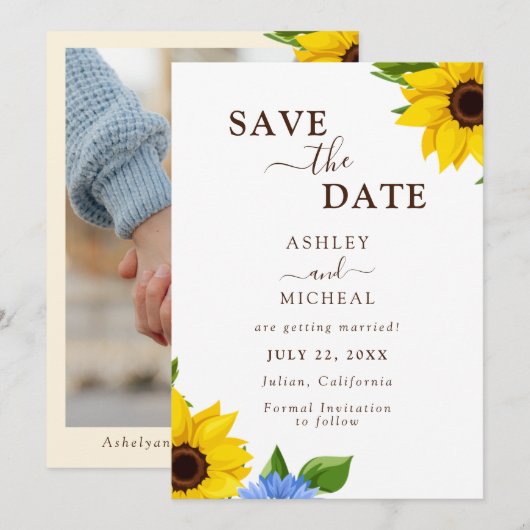 Rustieke Zonnebloem Wedding Flat Save The Date Kaa (Voorkant / Achterkant)