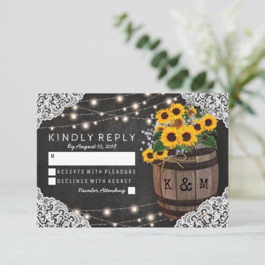 Rustieke Zonnebloem Wijnmakerij Bruiloft Uitnodigi RSVP Kaartje (Staand voorkant)
