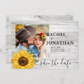 Rustieke zonnebloem wit hout foto bruiloft save the date (Voorkant / Achterkant)