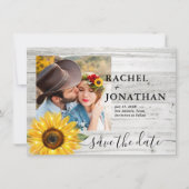 Rustieke zonnebloem wit hout foto bruiloft save the date (Voorkant)