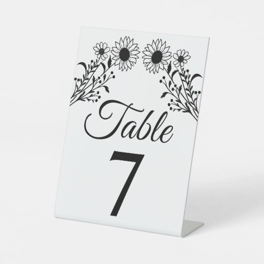 Rustieke Zonnebloem Zwart Wit Bloemen Trouwnummer Reclamebord Met Voetstuk (Voorkant)