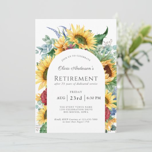 Rustieke Zonnebloemen Arch Lijst Pensioenfeest Kaart (Staand voorkant)