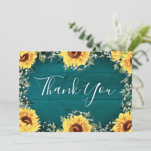 Rustieke zonnebloemen baby's ademgrens Blauwgroen  Bedankkaart (Staand voorkant)