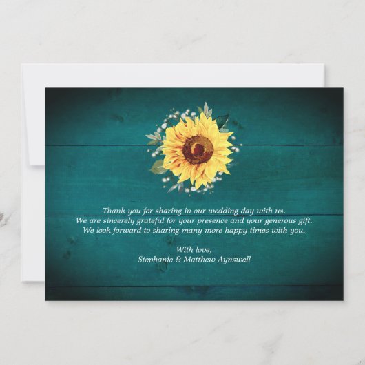 Rustieke zonnebloemen baby's ademgrens Blauwgroen  Bedankkaart (Achterkant)