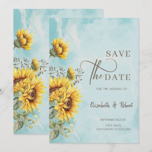 Rustieke Zonnebloemen Blauw Bewaar De Datum Save The Date (Voorkant / Achterkant)