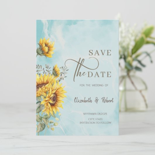Rustieke Zonnebloemen Blauw Save The Date (Staand voorkant)